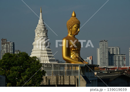 The Phra Phutthathamakaya Thepmongkol at Wat Pak Nam is a Buddha statue in the meditation posture, made of copper and standing 69 meters tall. It is the tallest Buddha statue in Bangkok . 139019039