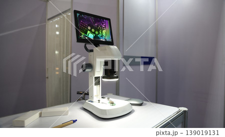 Microscope. Advanced microscopes and digital imaging systems analyzing samples in a modern laboratory. Ideal for medical research microbiology diagnostics biotechnology and science innovation concept 139019131