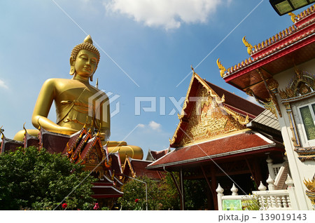 The Phra Phutthathamakaya Thepmongkol at Wat Pak Nam is a Buddha statue in the meditation posture, made of copper and standing 69 meters tall. It is the tallest Buddha statue in Bangkok . 139019143