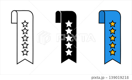 Set of three-star rating bookmark ribbon icons in outline, solid black, and blue illustration isolated on white background Set of three-star rating bookmark ribbon icons in outline, solid black, and blue illustration isolated on white background 139019218