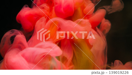 Steam flower. Paint bud. Defocused pink color plant tulip nature vapor water floating on abstract creative dark black background. 139019226