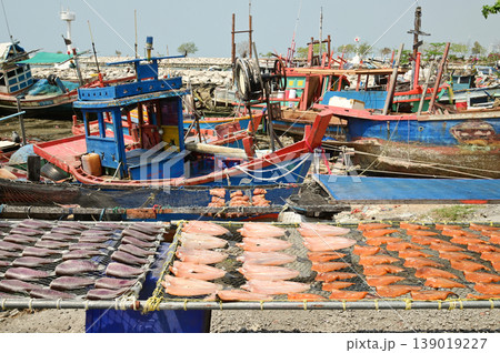 Fish are sun-dried on nets outdoors, with fishing boats anchored far away, at Ban Amphoe beach ,Thailand. Fish are sun-dried on nets outdoors, with fishing boats anchored far away, at Ban Amphoe beach ,Thailand. 139019227
