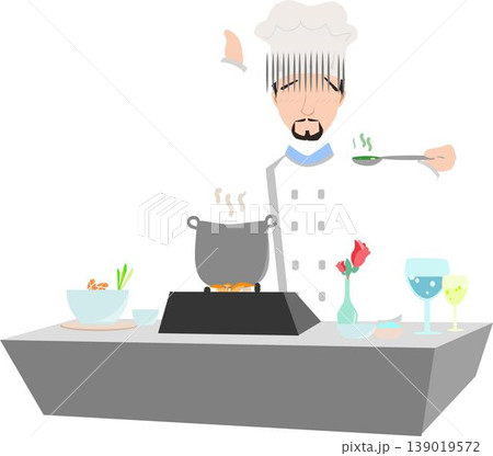 A Simple Depiction of a Chef Preparing a Meal With a Stove in the Background. A Simple Depiction of a Chef Preparing a Meal With a Stove in the Background. 139019572