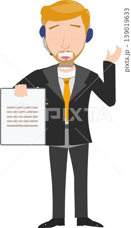 Illustration of a Man or Businessman or Customer Service With Yellow Hair, Wearing a Headset and Holding a Clipboard or Document Letter. 139019633