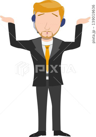 Illustration of a Man or Businessman or Customer Service With Yellow Hair, Wearing a Tuxedo and Headset, Raising His Hand. Illustration of a Man or Businessman or Customer Service With Yellow Hair, Wearing a Tuxedo and Headset, Raising His Hand. 139019636