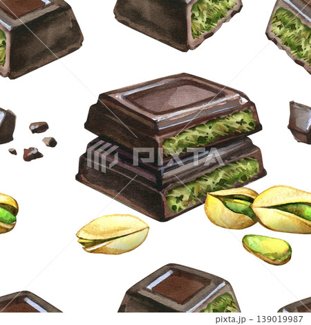 Hand drawn watercolor seamless pattern of Dubai chocolate with pistachio kunafa filling. This trendy food repeat background features dark chocolate bars and nuts, perfect for textiles and packaging. 139019987