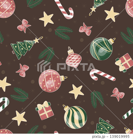 Seamless Christmas Pattern with Cute Ornaments, Candy Canes and Gifts on Dark Background Seamless Christmas Pattern with Cute Ornaments, Candy Canes and Gifts on Dark Background 139019995