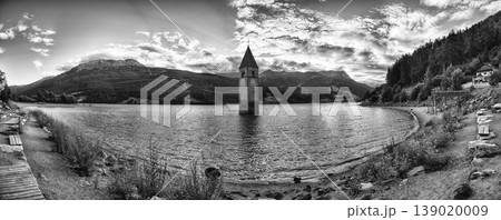 The iconic submerged Church Tower of Graun, Lake Reschensee, Italy 139020009