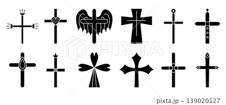 Christian crosses, monochrome black icon set. Decorative sign collection, different isolated religious symbols, christianity various cliparts Christian crosses, monochrome black icon set. Decorative sign collection, different isolated religious symbols, christianity various cliparts 139020127