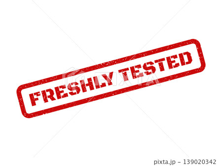 Red rubber stamp with textured effect displaying FRESHLY TESTED text, indicating recent quality assessment or evaluation Red rubber stamp with textured effect displaying FRESHLY TESTED text, indicating recent quality assessment or evaluation 139020342