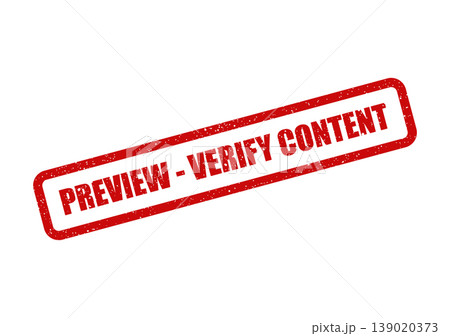 Red textured rectangular rubber stamp requesting review and verification of specific digital content or material 139020373