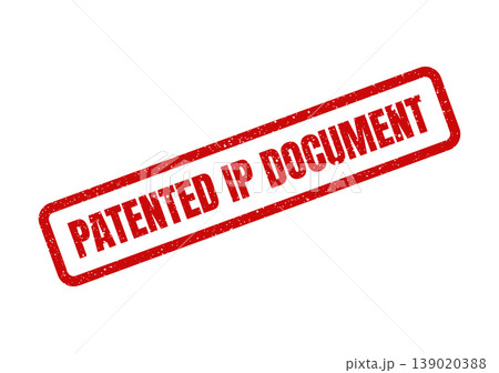 Red textured rubber stamp diagonally positioned, stating PATENTED IP DOCUMENT for intellectual property validation Red textured rubber stamp diagonally positioned, stating PATENTED IP DOCUMENT for intellectual property validation 139020388