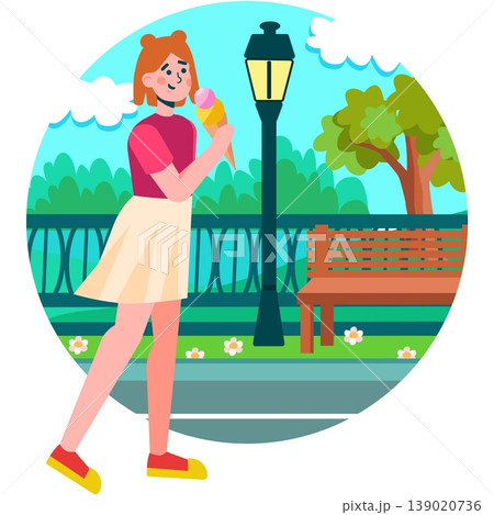 Woman eating ice-cream walking in park vector Woman eating ice-cream walking in park vector 139020736