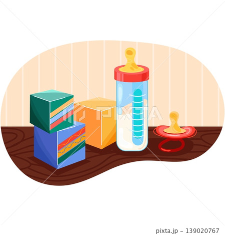 Milk bottle, nipple and toy for baby vector icon 139020767