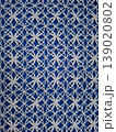 A detailed view shows handmade Yelets white bobbin lace placed against blue fabric. This arrangement highlights the skill involved in crafting lace patterns with fine threads. 139020802