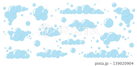 Set transparent soap bubbles isolated on white background. Oxygen, water bubbles. Blue round bubbles of different sizes: small, medium, large. Set transparent soap bubbles isolated on white background. Oxygen, water bubbles. Blue round bubbles of different sizes: small, medium, large. 139020904