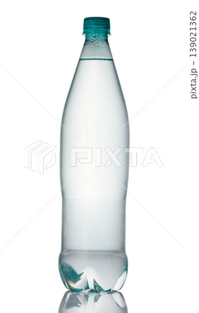 Clear PET Mineral Water Bottle with Green Cap Isolated on White Clear PET Mineral Water Bottle with Green Cap Isolated on White 139021362