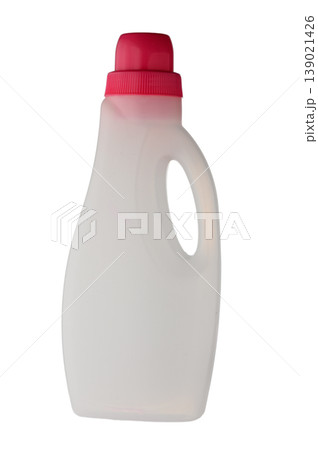 Empty plastic bottle for laundry fabric softener on white background 139021426