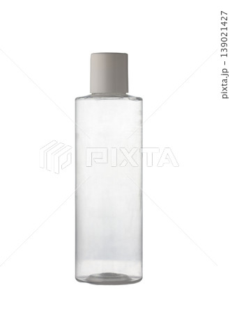 Clear plastic bottle for storing various liquids on white background 139021427