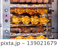 A market stall features an industrial grill oven that cooks whole chickens 139021679