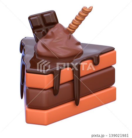 Cute 3D Chocolate Cake Slice Icon, Layered Dessert with Topping, Sweet Bakery Food Illustration for UI App, Cafe Menu, and Digital Design 139021981