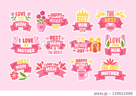 Mother Day Badge Set With Ribbons Cartoon Mother Day Badge Set With Ribbons Cartoon 139022088