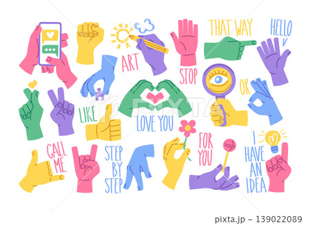 Hand Gesture Collection With Lettering Cartoon Style 139022089