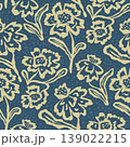 Seamless dense monochrome pattern with hand drawn abstract flowers on blue textured background. Artistic rough brush strokes floral design 139022215