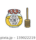 Hand drawn honey glass jar and wooden dipper icon vector illustration. Cozy kitchen utensils clipart 139022219