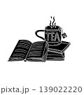 Hand drawn line art stack of books and a tea cup icon silhouette vector illustration 139022220