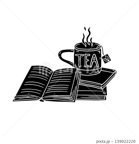 Hand drawn line art stack of books and a tea cup icon silhouette vector illustration Hand drawn line art stack of books and a tea cup icon silhouette vector illustration 139022220