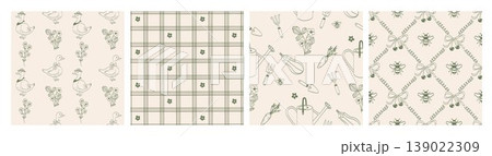 Cottagecore seamless pattern set with farm animals, flowers, garden tools and plaid design in soft green tones. Hand drawn vector set with rustic charm perfect for textile, wrapping paper and decor. 139022309