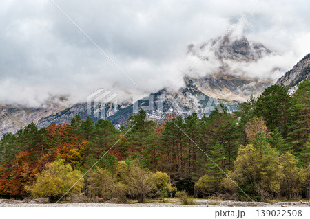 Driving through the beautiful Pineta Valley in the Ordesa and Monte Perdido National Park in Huesca, Spain 139022508