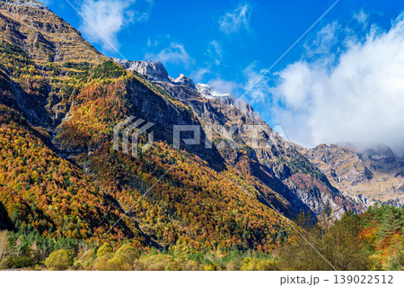 Driving through the beautiful Pineta Valley in the Ordesa and Monte Perdido National Park in Huesca, Spain 139022512