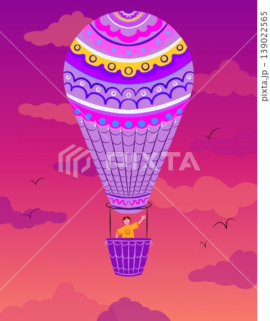 A colorful hand-drawn hot air balloon with a child in the basket floating in a pink sunset sky. 139022565