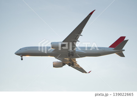 Close side profile of a passenger airplane with extended landing gear, illuminated by warm sunlight, highlighting aerodynamic design, aviation engineering, and global air transport. 139022665
