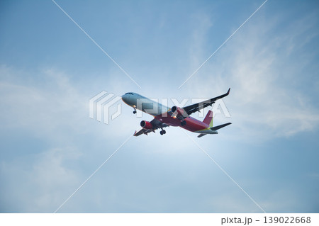 Modern passenger jet descending with landing gear extended in a soft evening sky. Clean composition with copy space, ideal for travel, aviation, and transportation concepts. Modern passenger jet descending with landing gear extended in a soft evening sky. Clean composition with copy space, ideal for travel, aviation, and transportation concepts. 139022668
