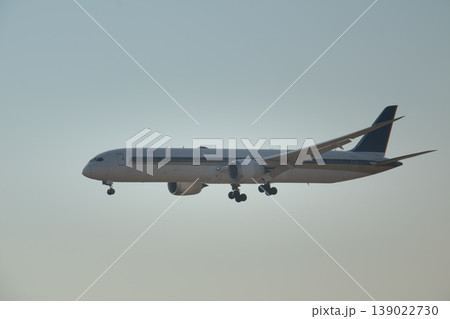Large commercial airplane flying low during final approach phase, isolated against soft sky background with ample copy space for aviation, travel, and logistics concepts. 139022730