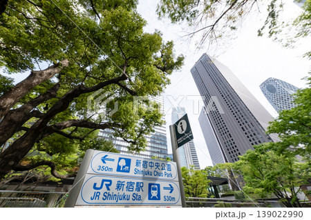新宿の案内表示板と新緑の風景 新宿の案内表示板と新緑の風景 139022990