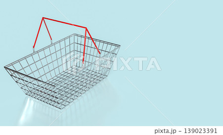 Minimalist Wire Shopping Basket With Red Handles Isolated On Blue Background 3d render. Minimalist Wire Shopping Basket With Red Handles Isolated On Blue Background 3d render. 139023391