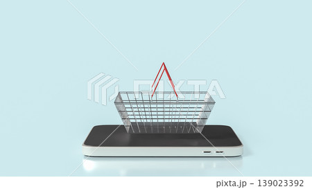 Online Shopping Concept With Wire Basket On Smartphone Screen 3d render. Online Shopping Concept With Wire Basket On Smartphone Screen 3d render. 139023392