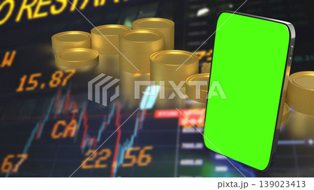 Mobile Trading and Investment Concept with Smartphone Green Screen and Financial Market Background 3d render. 139023413