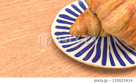 Fresh Croissant Breakfast on Plate with Wooden Table Background 3d render. 139023414