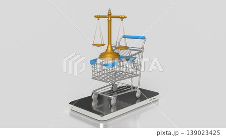 Online Shopping Legal Balance Concept With Scales And Digital Cart 3d render. 139023425