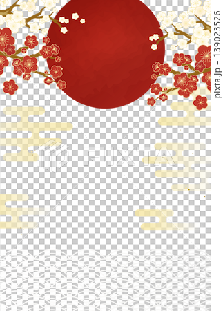 日式設計,以梅花和紅白背景為特色。新年賀卡模板。 日式設計,以梅花和紅白背景為特色。新年賀卡模板。 139023526