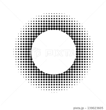 Round frame with faded polka dot texture. Circle shape with noise, pixel or grain border isolated on white background. Circular decorative design element. Vector graphic illustration Round frame with faded polka dot texture. Circle shape with noise, pixel or grain border isolated on white background. Circular decorative design element. Vector graphic illustration 139023605