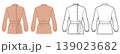 Cossack style blouse with high neckline, front button closure and long sleeves with gathered cuffs and defined waist shaping with belt detail. Technical fashion illustration in black and white and 139023682