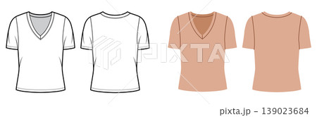 Short sleeve V neck top oversized silhouette, clean construction lines and smooth shaping, minimal structure and simple casual appearance suitable for everyday wear. Technical fashion illustration in Short sleeve V neck top oversized silhouette, clean construction lines and smooth shaping, minimal structure and simple casual appearance suitable for everyday wear. Technical fashion illustration in 139023684