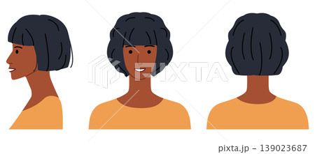 Curl Under Page Boy Bob hairstyle flat vector front back profile views, rounded haircut shape smooth curve for avatar Curl Under Page Boy Bob hairstyle flat vector front back profile views, rounded haircut shape smooth curve for avatar 139023687