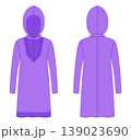 Purple hooded long sleeve dress with decorative neckline detail, relaxed silhouette and clean construction lines, soft shaping and minimal structure. Technical fashion illustration in flat color 139023690